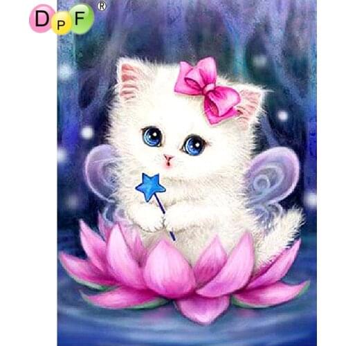 DPF Full Square Drill 5D DIY Diamond Painting "cat & lotus" 3D Embroidery diamond set Cross Stitch Mosaic Decor gift painting