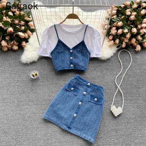Gagaok Women Outfit 2021 Summer New Fashion Korean Casual Wild Three-piece Suit White T-shirt + Short Camis + Mini Bodycon Skirt