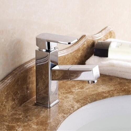 Brass Chrome Finished Basin Faucets Pull Out Bathroom Sink Faucet Hot and Cold Water Mixer Crane Square Basin Sink Tap