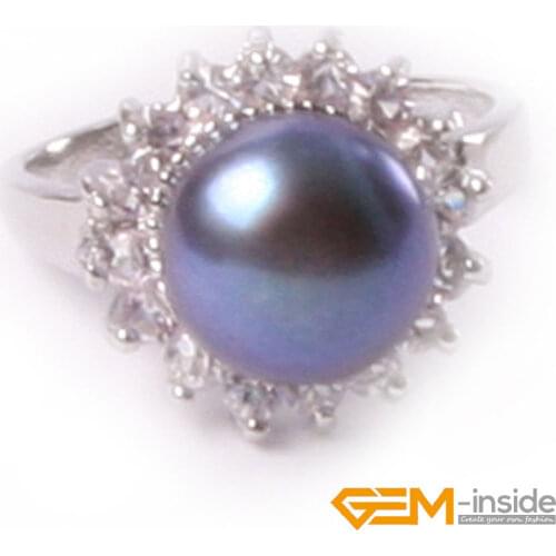 Natural 9-10mm Freshwater Pearl Ring Gifts For Women Rhinestone Silver Plated Ring Fasion Jewelry Ring For Party For Gift
