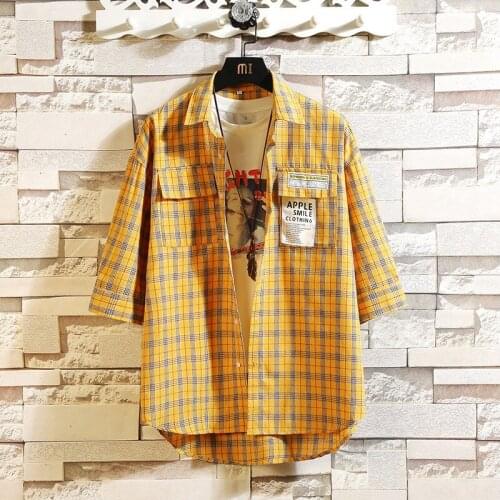 New Fashion Mens Plaid Shirt Short Sleeve Slim Fit Shirt Kpop Clothes Harajuku Striped Cotton Shirts Tops with Front Pocket