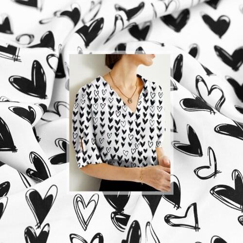 White Waxberry 16momme Black Hearts Printed Crepe De Chine Silk Garment Materials Summer Women Shirt Sewing Clothe Freeshipping