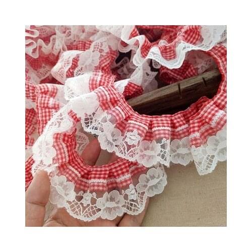 1Meter 5cm wide Red Plaid Pleated Lace Trim DIY Craft Lolita Clothing Fabric Hair Belt Ornament Household Material