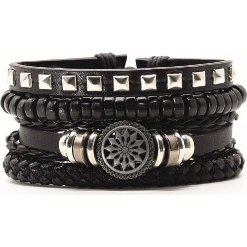 4 Pcs/set Weave Leather Bracelets Men Wood Beads Alloy Cross Sunflower Charm Women Bangle Homme Femme Male Drop Shipping Jewelry