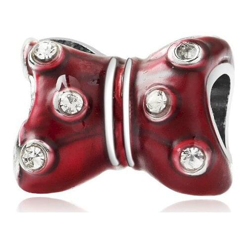 5PCS New Zinc Alloy Hairpin Shape Charms Crystal Red Enamel Cute Bow Beads Fit DIY Women Bracelet Necklace Jewelry Accessories