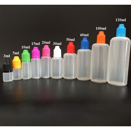 50pcs 5ml 10ml 15ml 20ml 30ml 50ml 60ml 100ml 120ml PE Plastic Refillable bottle Empty E Liquid E juice Dropper Bottle