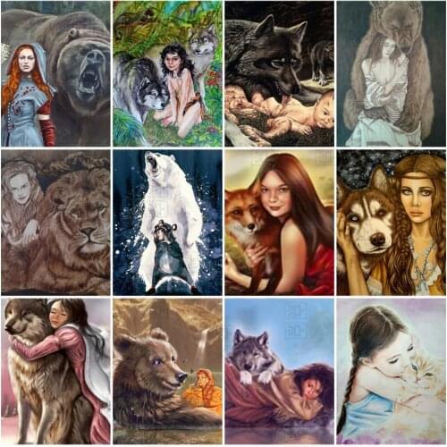 5D Diamond Embroidery Woman with Wolf Bear Lion Diamond Painting Full Drill Beaded Rhinestones Art Cross Stitch Set Home Decor