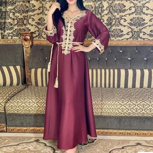 Satin Dubai Abaya Jalabiya Embroidery Long Sleeve Islamic Muslim Women Clothing Middle East Moroccan Kaftan Arabic Turkey Robe