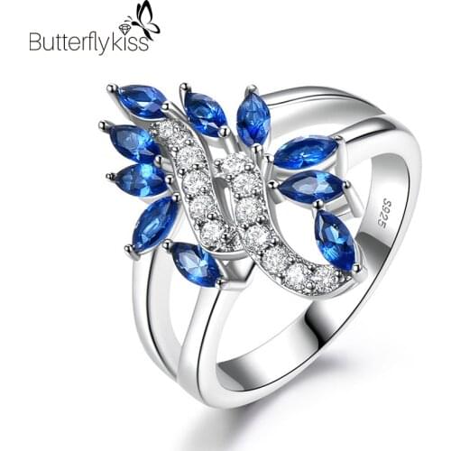 BK Romantic Sapphire Flower Rings For Women 925 Sterling Silver Blue Gemstone Personality Design Unusual Rings Wedding Jewelry