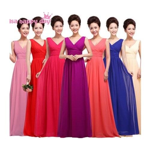 Full figure champagne colored floor length bridesmaids chiffon purple v neck bridesmaid dresses cheap maid of bride dress B1180