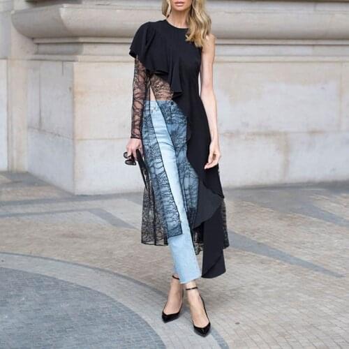 Elegant Women Lace Blouse Irregular Shirts VONDA 2021 Patchwork Blouse Lady Office One Shoulder Party Tops Femininas