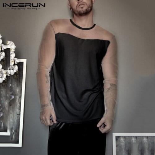 INCERUN Fashion Men T Shirt Mesh Patchwork Transparent Streetwear Long Sleeve Tee Tops Party Nightclub Sexy T-shirts Men 2021