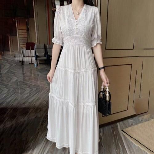 Jastie Retro V-Neck Puff Sleeve Embroidery Maxi Dresses for Women 2021 Summer Boho Long Dresses White Cotton Casual Beach Dress
