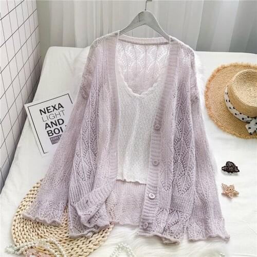 Purple Knitted Women Sweater Cardigan Summer New 2021 V-Neck Hollow Out Sweet Style Loose Thin Lady Outwear Coats Tops