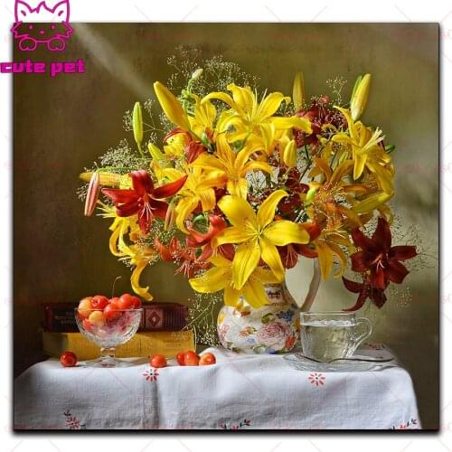 Cute pet New Full Square Drill 5D Still Life Bouquet DIY Diamond Painting Embroidery CrossStitch Rhinestone Mosaic Painting Gift