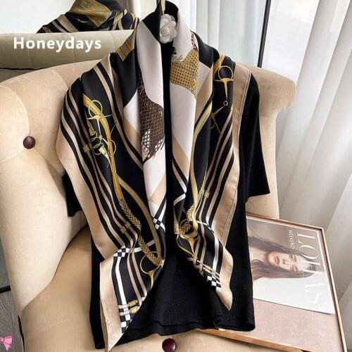 Classic Carriage Chain Print Womens Square Scarf Silk Satin Hair Scarves Office Neckerchief Hijab Muslim Female Chiffon Shawls
