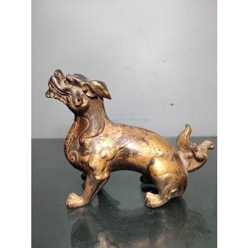 5"Nepal temple collection Old Bronze Cinnabar Lacquer Pixiu Statue brave troops Lucky Town House Exorcism Ward off evil spirits