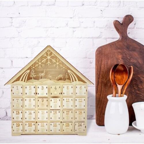 Elk Snowflake Wooden Christmas Countdown Calendar LED Lighted Wood House Xmas Party Decor Advent Calendar 24 Storage