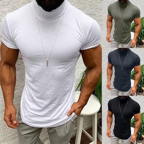2021 Mens Short-sleeved Summer Solid Color High-neck Short-sleeved Cotton T-shirt Casual Camiseta De Manga Corta Para Hombre