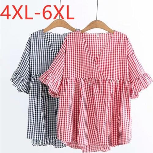 New 2021 Ladies Summer Plus Size Tops For Women Large Blouse Short Sleeve Loose Ruffle Cotton Red Plaid Shirt 3XL 4XL 5XL 6XL
