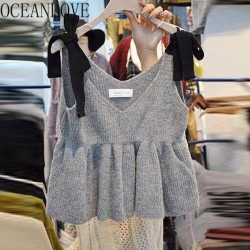 OCEANLOVE Autumn Winter Pull Femme Solid Bandage Bow Short Sweet Kawaii Women Sweaters Korean Retro V Neck Pullovers Tops