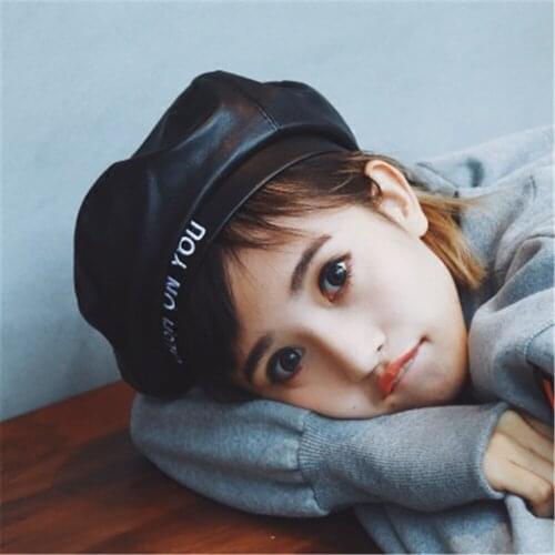 Autumn and winter letter Beret casual and versatile personality leather painter hat female British flat top bud hat WS-2929
