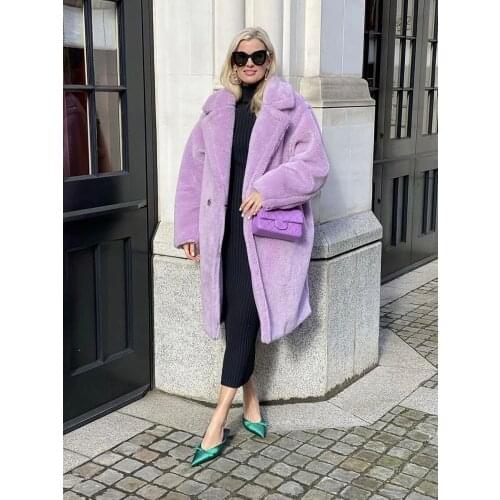 Autumn Winter Women Fashion Chic Purple Teddy Coat Female Buttons Pockets Lapel Collar Warm Outerwear Girls Casual Streetwear