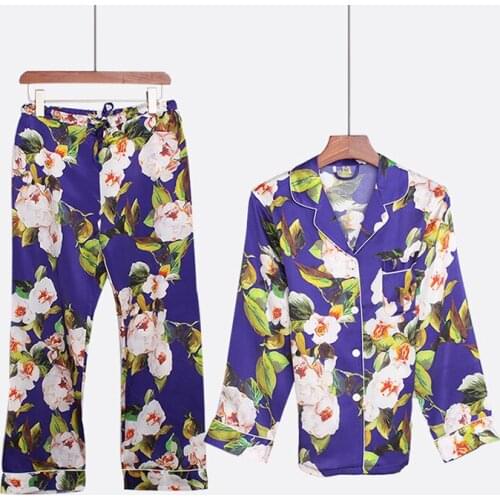 Pajamas Women Silk Pajamas Long-sleeved Printed Floral Fashion Sex Silk Pajamas For Women
