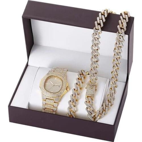 Luxury Men Woman Watch Set Hip Hop Watches Necklace Bracelet Cuban Chain Gold Color Bling Jewelry Watch Set For Men Lady Gift