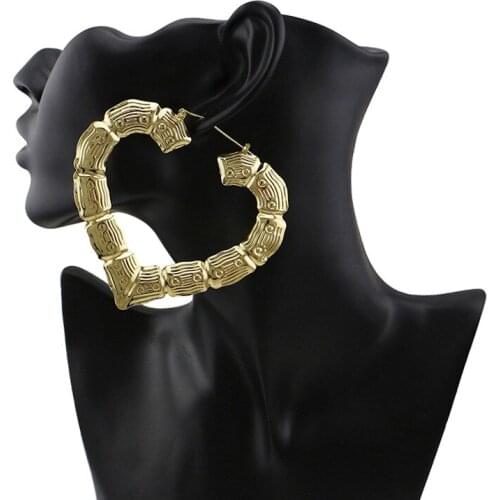 JWEIJIAO Big Bamboo Hoop Earrings Heart Shape Ethnic Basketball Wives Gold Color Earrings Creole Famale Jewelry E0019