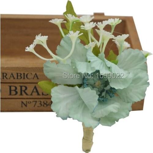 Shabby Chic Wedding Fake Scabiosa Gysophila Flower Boutonnieres for Men Business Charity Party Handmade Brooch Pin Light Blue