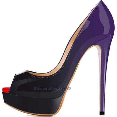Elegant Women Purple Black Patent Leather Peep Toe High Heels Sexy Slip-on Platform Stilettos Heeled Pumps Party Dress Shoe