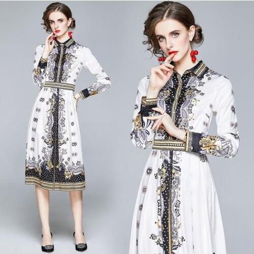European and American Printed High-quality Temperament Knee-Length A Line Dress Women Fashion Office Ladies Birthday Party Dress
