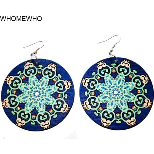 WHOMEWHO Tribal Round Wood Navy Blue Green Flower Africa Vintage Earring Bohemia Wooden African Hiphop Ethnic Ear Jewelry