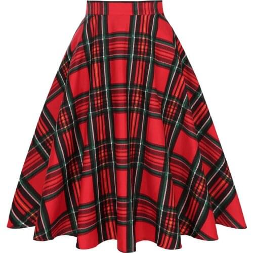 Cotton Long Midi Skirt High Waist Women Ladies Spring Swing Vintage 50s Inspired Red Plaid Skirt jupe femme SS0006