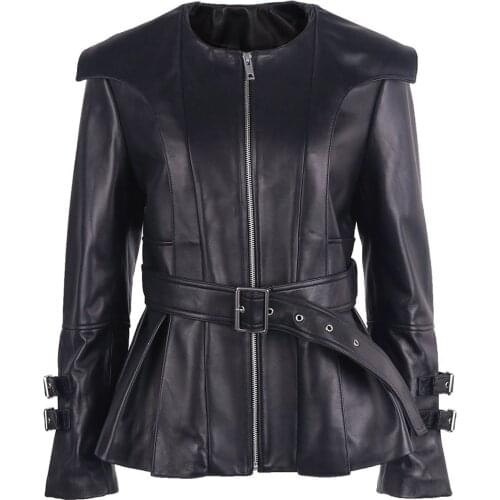YOLOAgain Women Real Leather Jacket O-Neck Elegant Ladies Black Leathe Jacket With Belt