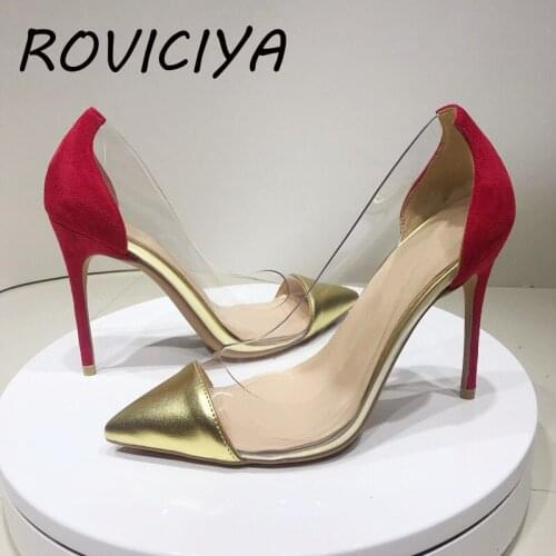 Summer pump transparent PVC 12cm high heeled shallow pointed toe woman shoes party spring wedding shoes red gold QP104 ROVICIYA