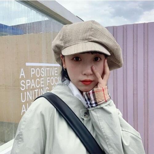Houndstooth Pattern Beret Hat Women Cotton Beret British Style Fashion Girls Beret Hat Lady Slouchy Autumn Winter Hats Female