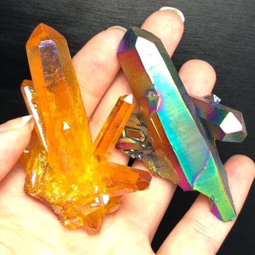 2pcs Beautiful Aura Crystal Cluster Angel Aura Titanium Quartz Crystal Stunning Rainbow Specimen Minerals Reiki Healing Chakra