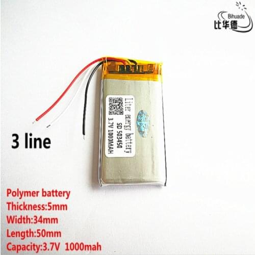 5pcs/lot 3 line Good Qulity 3.7V,1000mAH,503450 Polymer lithium ion / Li-ion battery for TOY,POWER BANK,GPS,mp3,mp4