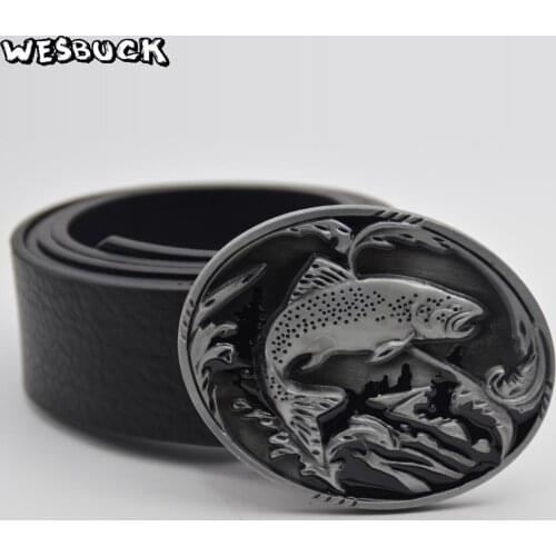 5 PCS MOQ WesBuck Brand Fish Belt Buckle For Mens Jeans Accessories Metal Oval Belt Buckles With PU Belt Holiday gifts