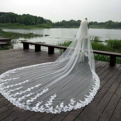 White 4M 3M Cathedral Wedding Veil 2Tiers Bridal Lace Applique with comb