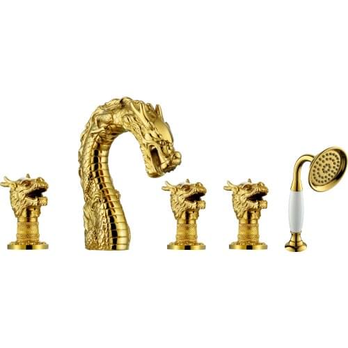Free ship 5 Holes Widespread Dragon Pattern Bathroom bathtub shower Faucet Luxury tub dragon mixer tap deck mounted