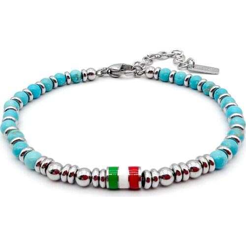 Runda New Fashion MenS Beaded Bracelet Green Natural Stone With Stainless Steel Ring Handmade Boyfriend Holiday Gift