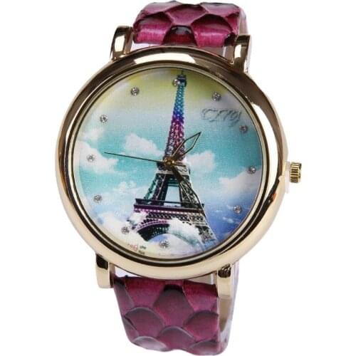 New Geneva PU Leather Eiffel Tower Reptile Snake Skin Style Watch Woman Vintage Retro women wristwatch Golden rim girl dama lady