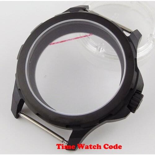 Black PVD Plated 44mm Mens Watch Case Fit ETA 6497 6498 Hand Winding movement transprent case back watch parts