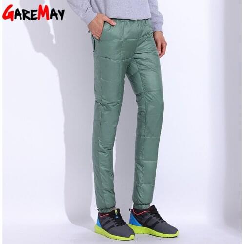 Mens Winter Pants White Duck Down Warm Casual Pants Male Trousers Elastic Waist Black Red Thick Long For Men 2020 GAREMAY