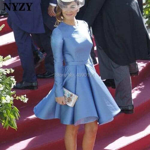 NYZY C91 Elegant Blue Satin Long Sleeves Ball Gown Vintage Short Cocktail Dresses 50s 60s Party Evening vestido coctel