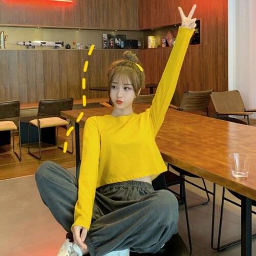 Long Sleeve T-shirts Women Spring O-neck Solid Crop-top Korean Slim Thin Autumn Casual Students Street Wear All-match Trendy