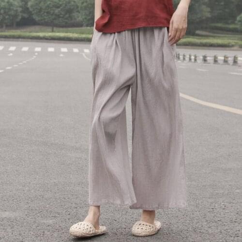 Johnature 2021 Summer Cotton Linen Pants Elastic Mid Waist Solid Color 2021 Women New Vintage Ankle-Length Wide Leg Pants